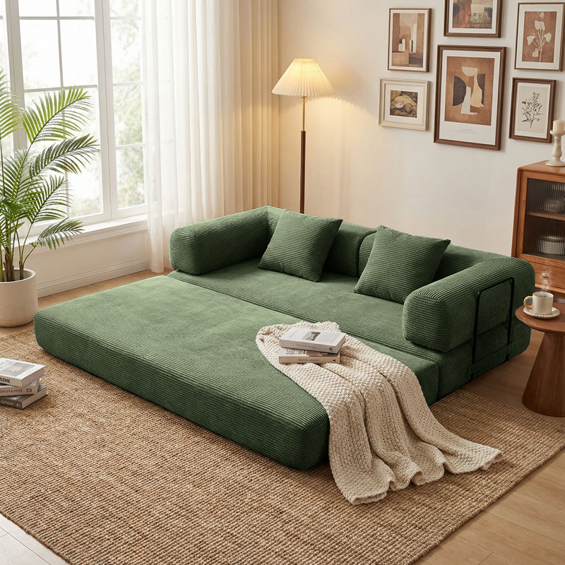 Canapé futon 2-en-1 pliable avec coussins amovibles, Vert d’armée