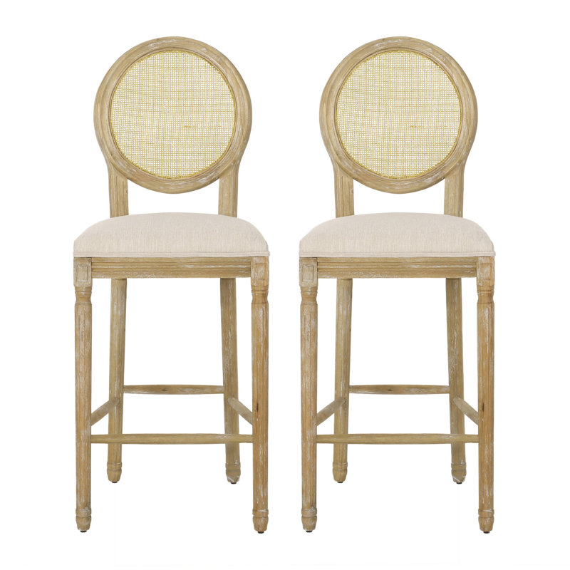 Tabourets de bar confortables (la paire) - pour une expérience culinaire relaxante. Dossier tissé, revêtement doux, pieds robustes. Beige et naturel. 20,06 po x 21,6 po 49,76 po, pieds et dossier complexes et élégants. Siège en tissu. Cuisine