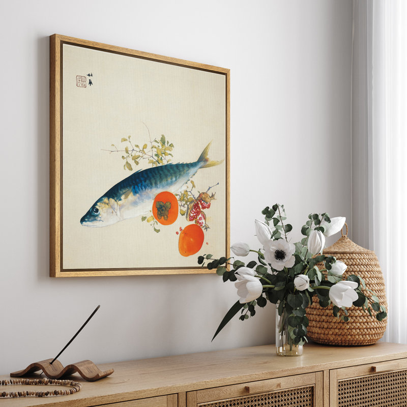 Œuvre japonaise, persimmon, art japonais, H 16 po x l 16 po x P 1,5 po, Cadre flottant naturel