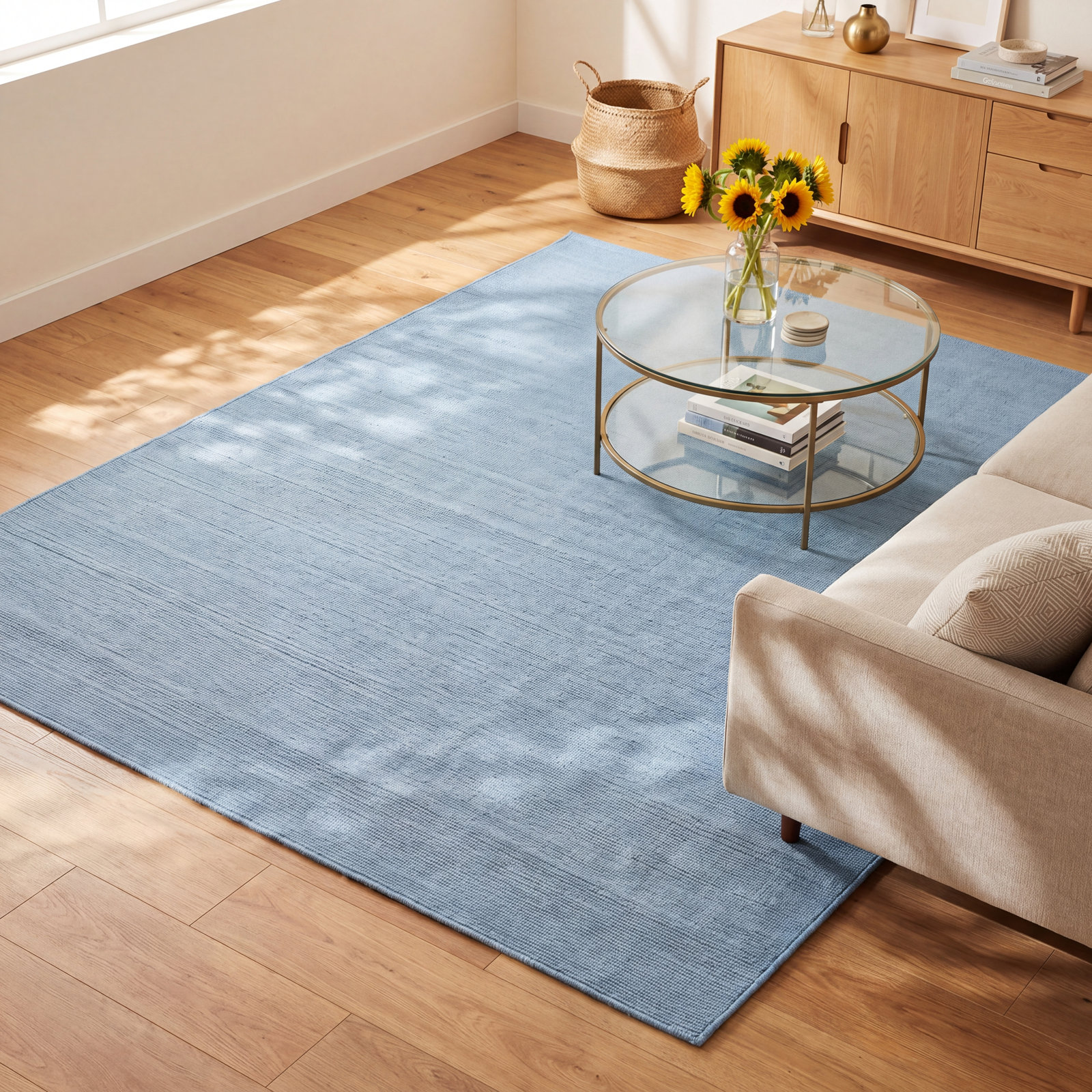 Caron Light Blue Cream Hand-Woven Striped Rug, Rectangle 12' x 15'