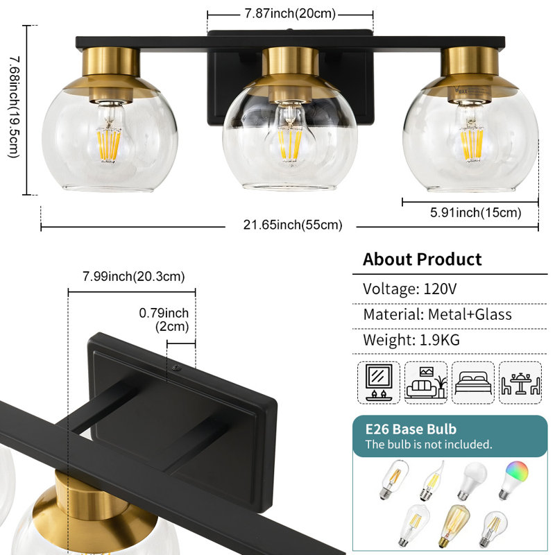 Geneva Dimmable Bathroom Vanity Light Fixtures, Matte Black/Gold, 3