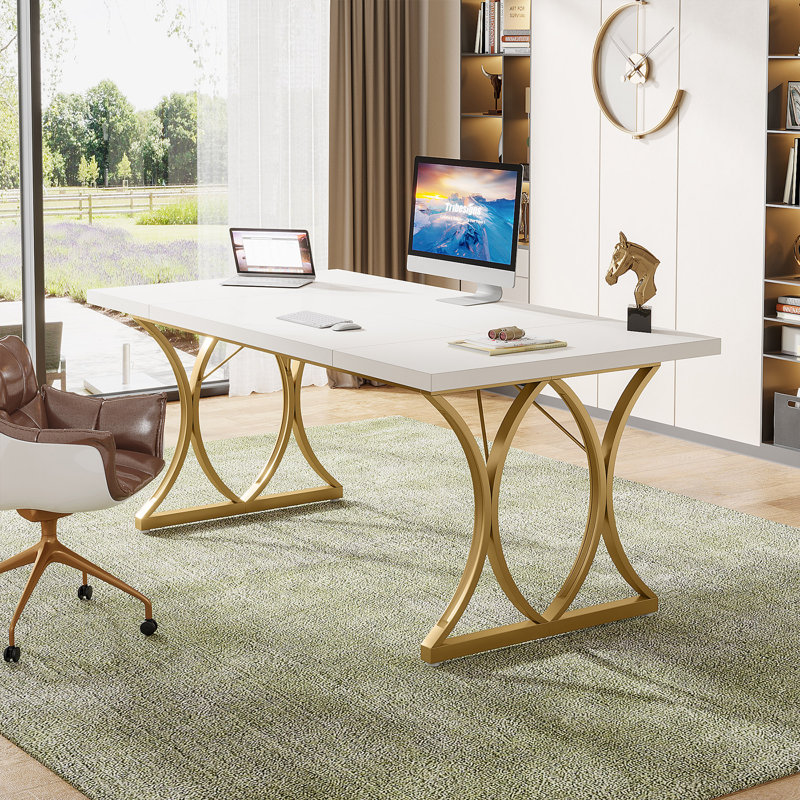 Rectangle 160cm L Computer Table, White/Gold