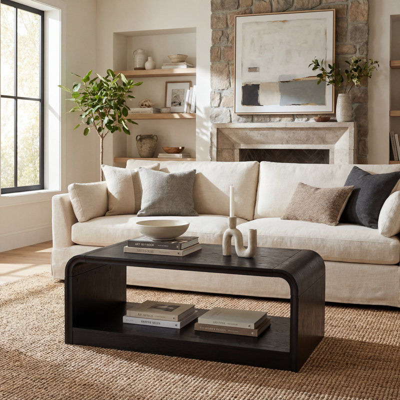 Table basse moderne en MDF de 47,24 pouces avec tablette de rangement ouverte, Noir