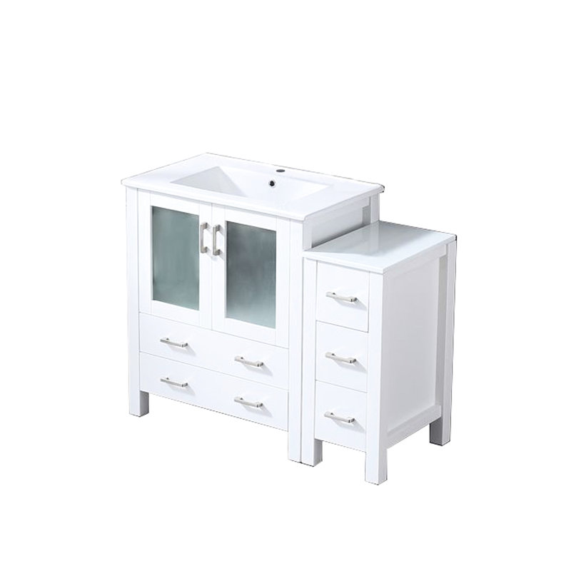 42 po Meuble-lavabo de salle de bain blanc avec structure en bois massif et plateau de rangement en céramique avec système de fermeture en douceur