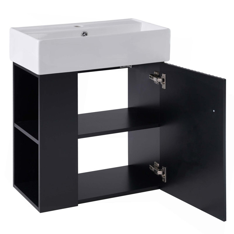 Meuble-lavabo flottant moderne de 21,6 po avec lavabo en céramique, parfait pour les petites salles de bain, rangement à gauche