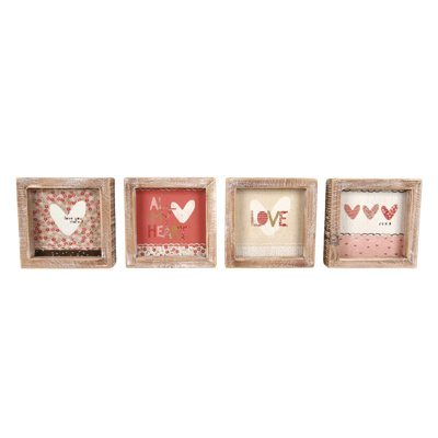 Wood MDF Paper Framed Block, Tabletop Sign, Red, Wood, Set of 4, Tabletop, Living Room, Spring, Home Decoration