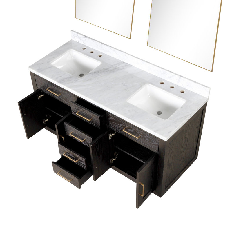 Meuble-lavabo double en chêne brun 60 po X P 22 po D, plateau en marbre de Carrare et Miroirs, Marbre de Carrare, Chêne brun