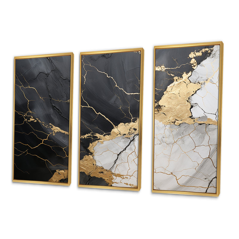 «Black Gold Adorned Poteries III - Abstract Spirals», ensemble de reproduction d'art mural, H 32 po x l 48 po