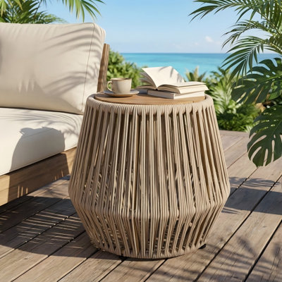 Table d'appoint moderne en bois d'acacia avec base en corde beige tissée à la main - Intérieur / extérieur résistant aux intempéries