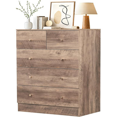 Rustic Light Brown Wood Grain 5-Drawer Chest - Distressed Finish With Vintage Metal Knobs, Multi-Functional Storage For Bedroom Or Living Room
