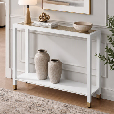 2-Tier Glass Console Table, Modern Narrow Entryway Sofa Table with Mesh Decor & Metal Frame, Multi-Functional Storage Accent Table for Foyer Hallway Living Room Office