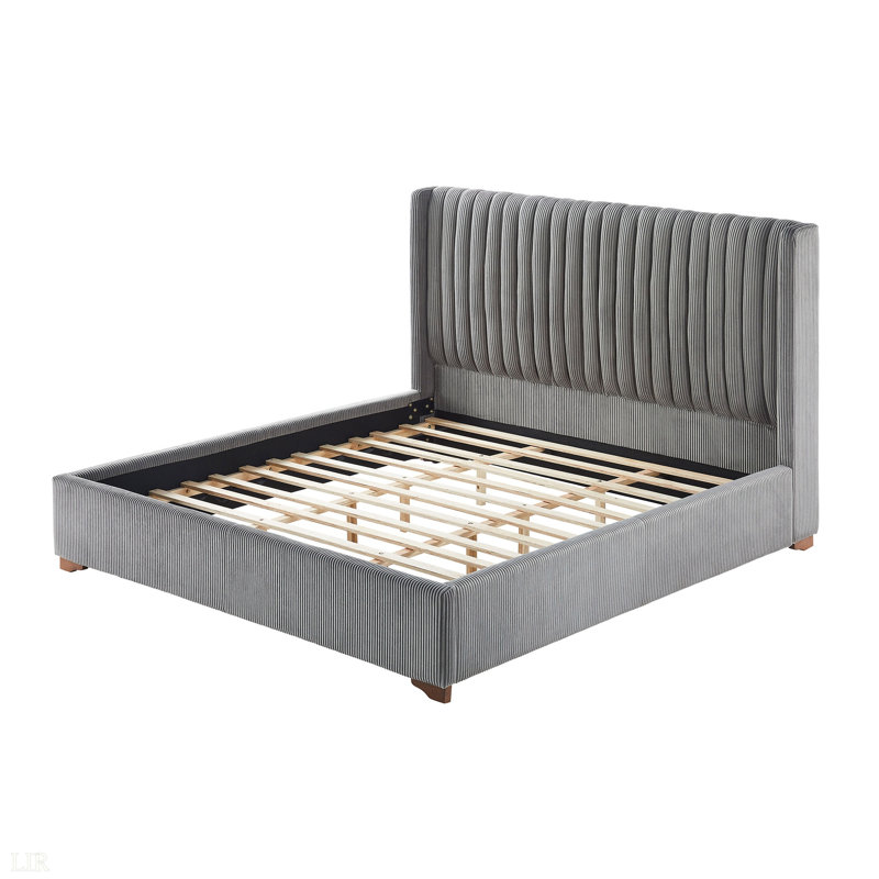 Modern Upholstered Platform Bed With Corduroy Wing Headboard, Dark Gray, King