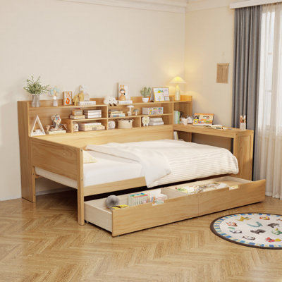 Wood Daybed with Study Desk & Storage Shelves - Multi-Functional Storage Bed with 2 Drawers by Latitude Run