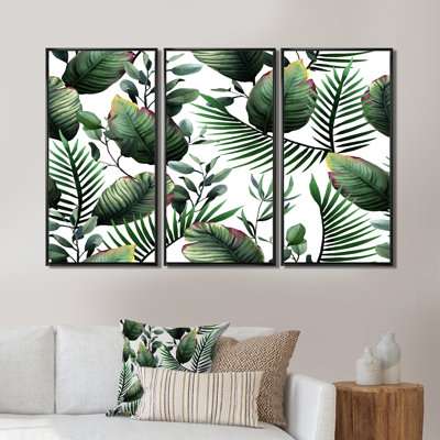 «Tropical Palm Green Leaves On White», reproduction de cadre flottant sur toile 3 pièces