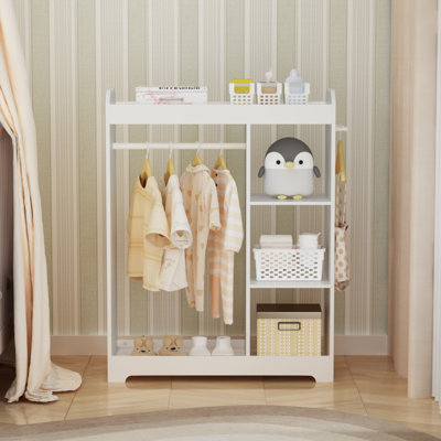 Kids Dress Up Storage with Mirror and Hooks, Wooden Dress Up Clothes Rack with Hanging Rod, 3 Side Hooks, Storage Shelves and Top Shelf, Toddler Costu
