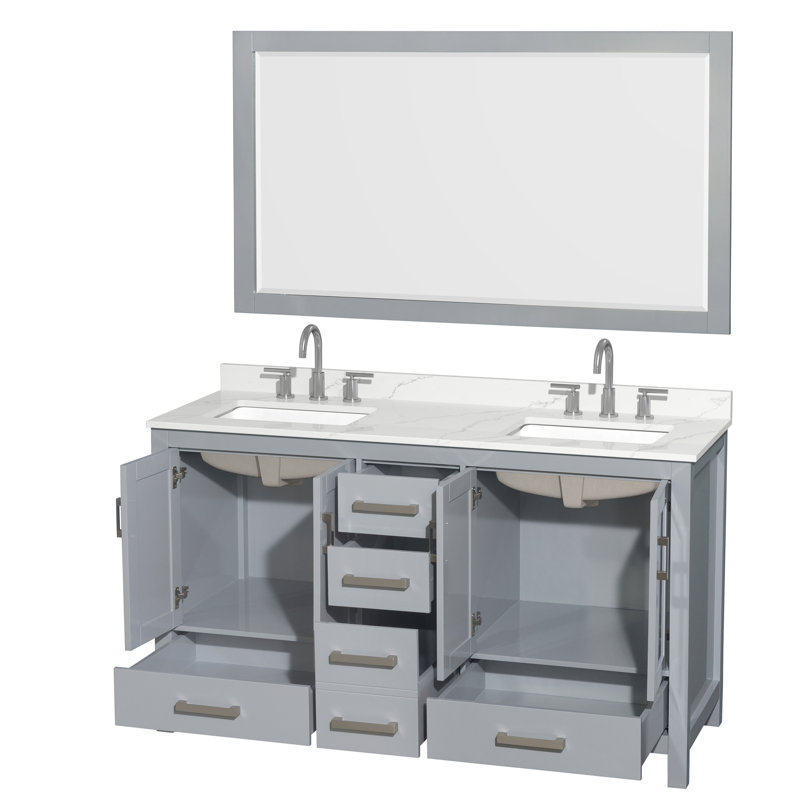 Sheffield 60" Freestanding Double Bathroom Vanity with Quartz Top with 58" Mirror, Giotto Quartz, Gray, Chrome