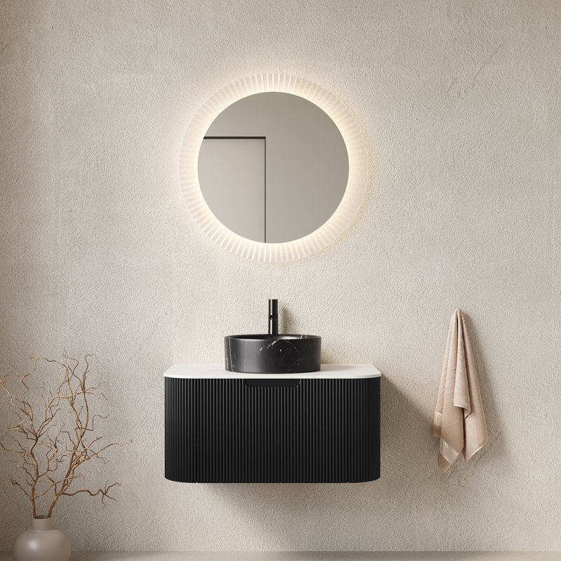 Meuble-lavabo Osmara, armoire de rangement rayée à bords arrondis avec tiroir, lavabo rond en céramique noir et plateau en pierre frittée blanc de Carrare, pré-assemblé, couleur noire