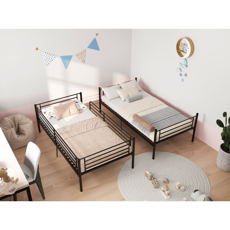 Lit superposé avec échelle et garde-corps haut, barres transversales de 19 lits, capable de se séparer, lit superposé en métal, espace de rangement, silencieux, lit simple au-dessus d'un lit simple, noir