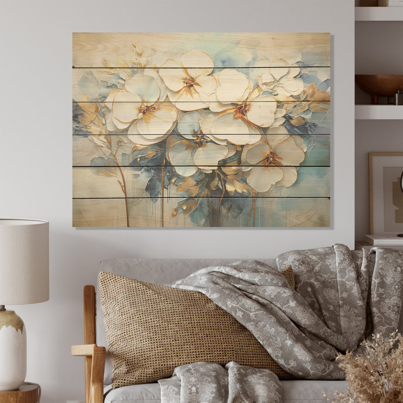 Pensées blanches et bleues - Art sur bois de pin naturel, H 30 po x l 40 po