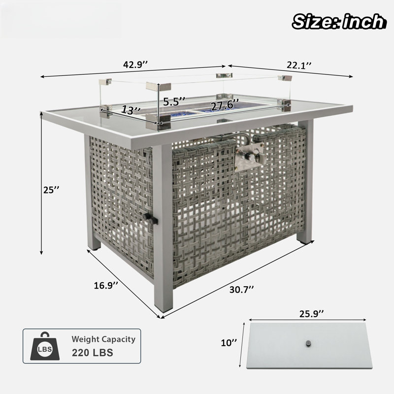 Propane Gas Fire Pit Table With Glass Wind Guard And An Open Basket-wave Patterned Wicker, Gray