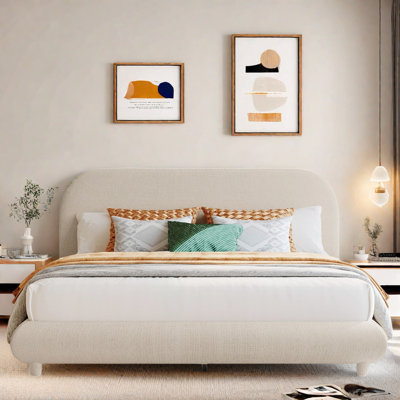 Lit plateforme tapissier avec tissu épais et design élégant en forme de courbe
