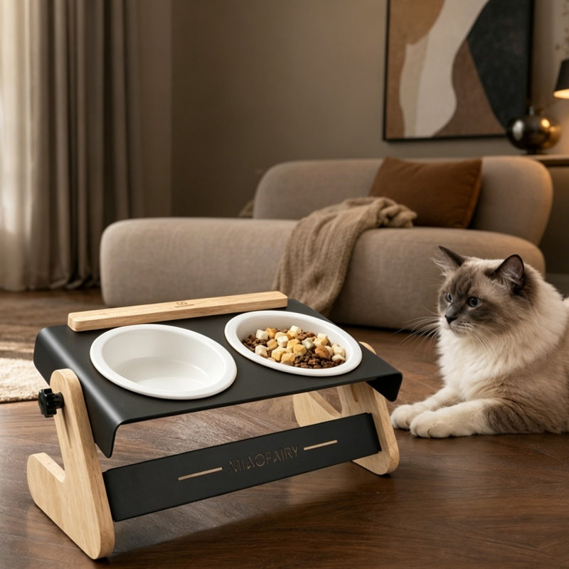Support à bol réglable en céramique pour animaux de compagnie, mangeoire surélevée en bois et en métal pour chats, poste d'alimentation antidérapant portable