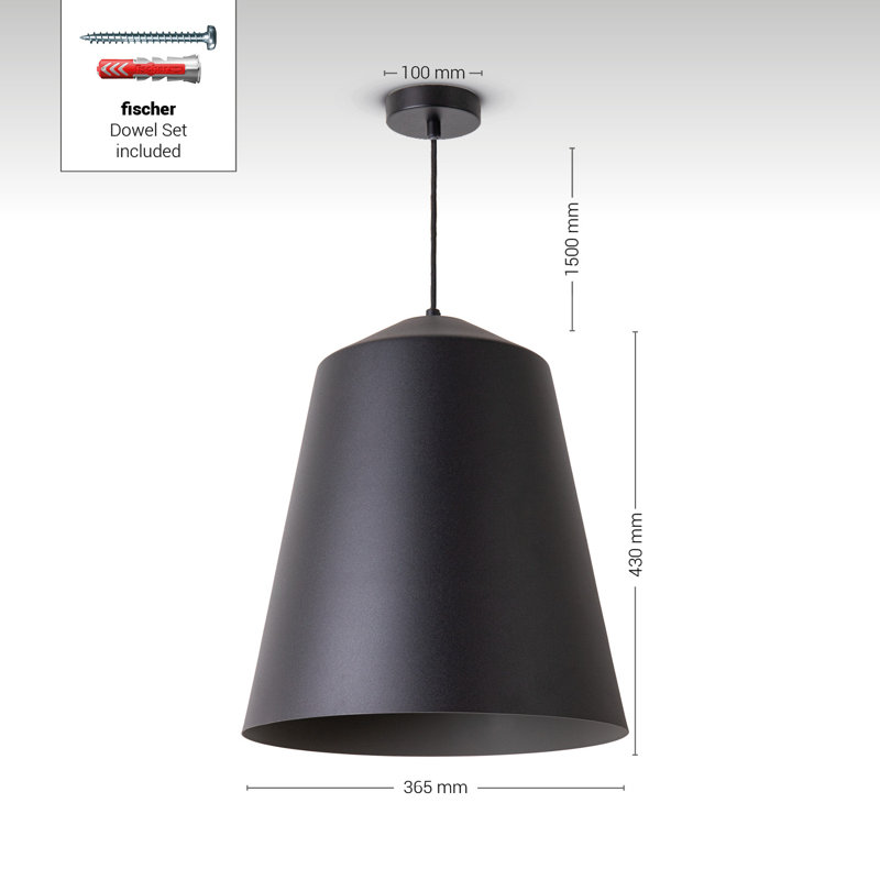 Cone pendant light 1-light Port, Black/Grey, 193cm H x 36.5cm W x 36.5cm D