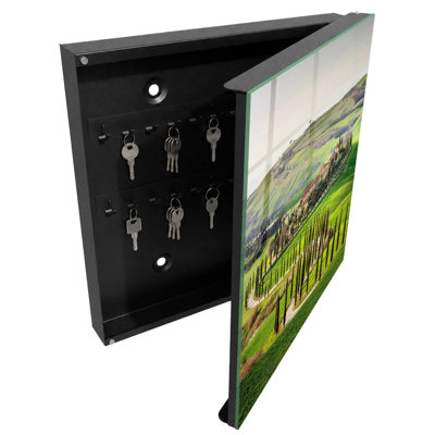 Wall mounted key box, Opens to the right, 30x30x5, Black, Tuscan hills with cypresses, 