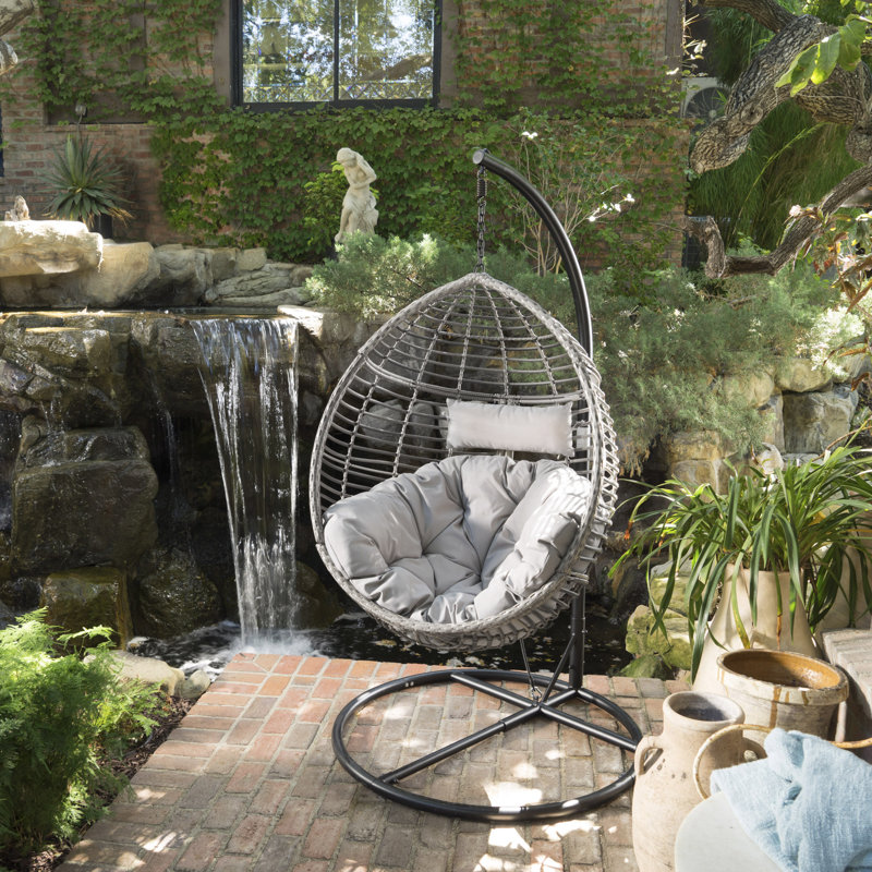 Gray Wicker Hanging Hammock Chair with Cushions