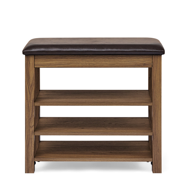 Tabouret réglable en hauteur confortable, bois d'hévéa brun, cuir, espace de rangement et banc pratique, hauteur réglable, trois couches de ventilation