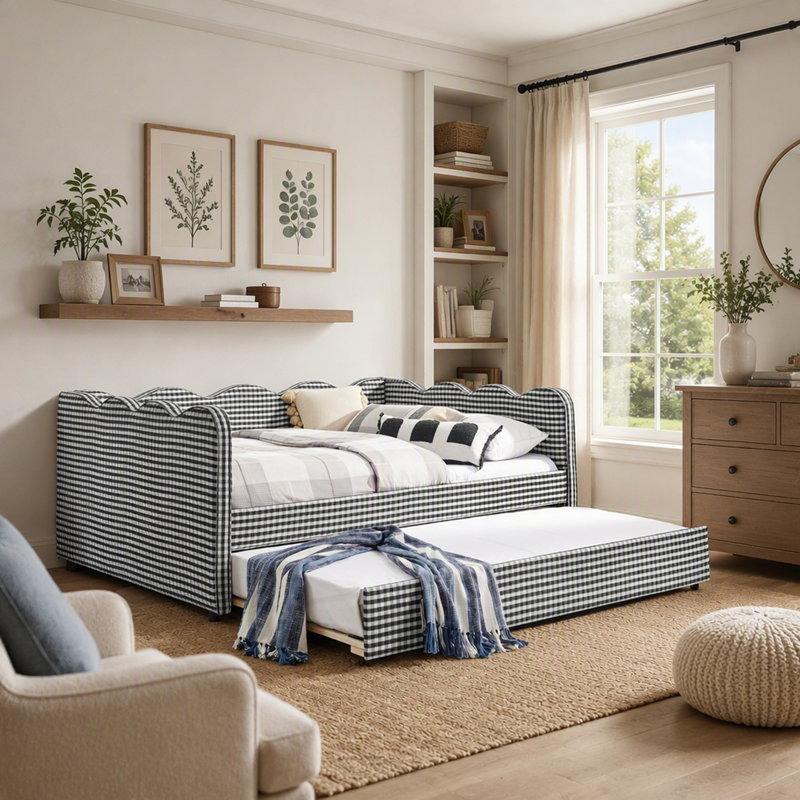Lit de jour confortable à carreaux vichy, format double, avec lit gigogne simple, tissu en lin, adorable motif ondulé, port USB et sans sommier requis.