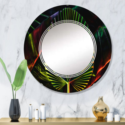 Feuilles tropicales ton sur ton noir I - miroir mural rond tropical