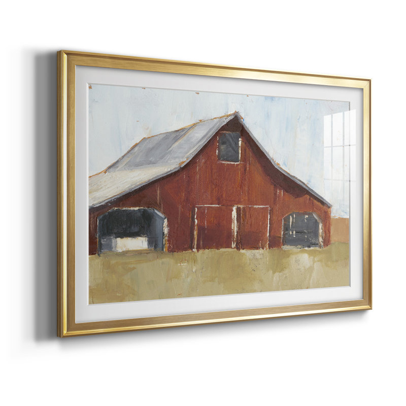 Grange rouge rustique I Grange rouge rustique I - Encadrée sous verre acrylique, grand tableau pour salon, Or