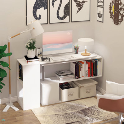 55" 360° Rotating Corner Computer Desk Modern L-Shaped Home Office Workstation With 3-Tier Storage Shelves, Bookshelf
