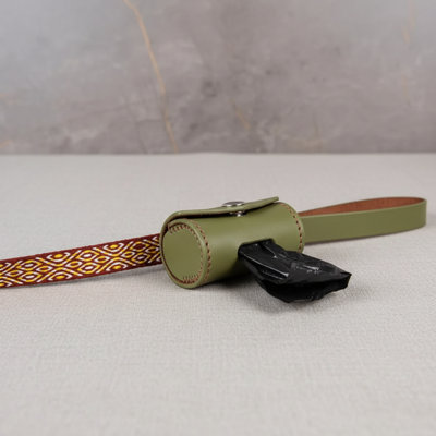 Handcrafted Leather Dog Leash & Poop Bag Holder – Handwoven Dog Walking Set