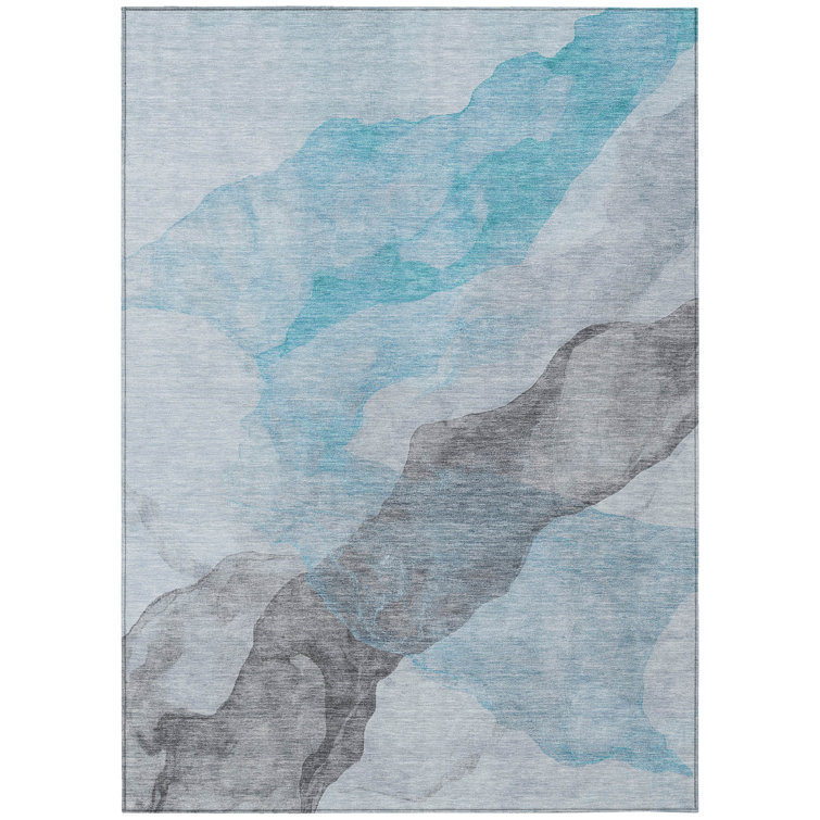 Machine Washable Indoor/Outdoor Xhevrie Teal Rug