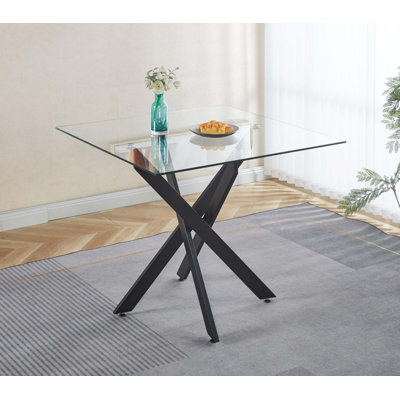 Dining Table With Cross Metal Leg And Tempered Glass,Modern Space Saving Kitchen Table