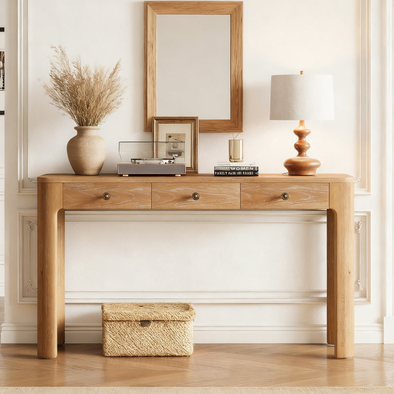 Console rustique avec coins arrondis pour la sécurité, table d'entrée avec 3 tiroirs dissimulés, table de canapé robuste avec des pieds épais pour le couloir et le salon (naturel)