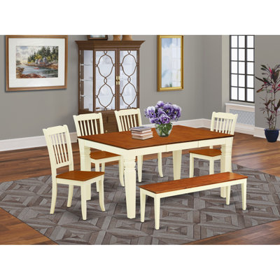 L'ensemble de table de cuisine 6 pièces contient une table de salle à manger rectangulaire avec feuille papillon et 4 chaises de salle à manger avec banc, babeurre et cerise