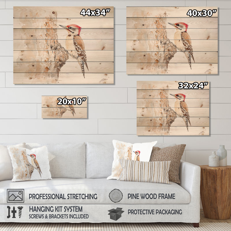 Pic sur arbre II - Décoration murale en bois d'oiseau sur bois de pin naturel, H 34 po x l 44 po