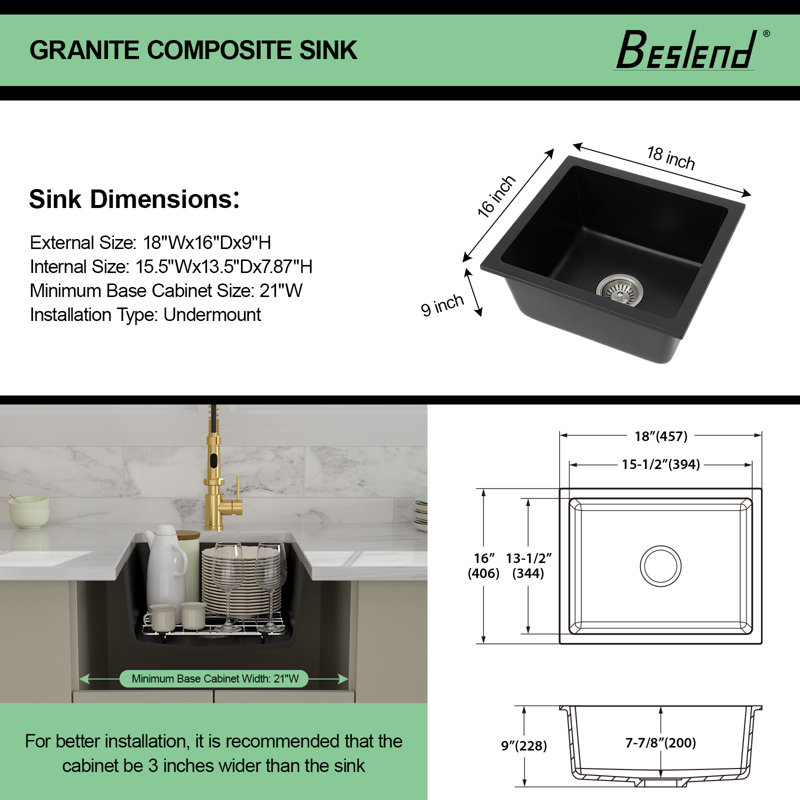 18 X 16 Inch Granite Kitchen Sink Undermount Quartz Sink, Black