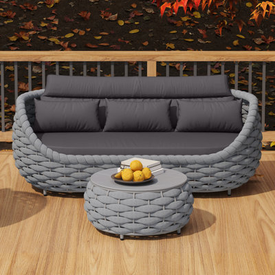 Canapé d'extérieur en aluminium textilène à 3 places avec coussins et table basse ronde de 14,2 po avec plateau à carreaux en marbre pour table de jardin et bord de piscine entièrement assemblé