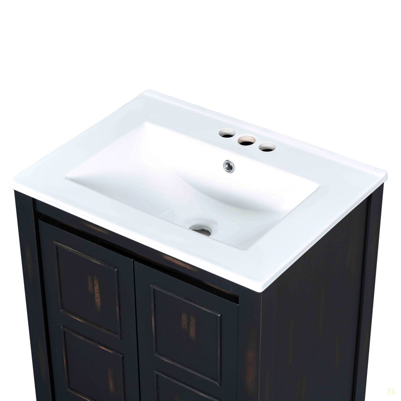 Petit ensemble de meuble-lavabo de style rétro 24 po x 18 po x 34 po avec lavabo en céramique et 2 portes à fermeture en douceur