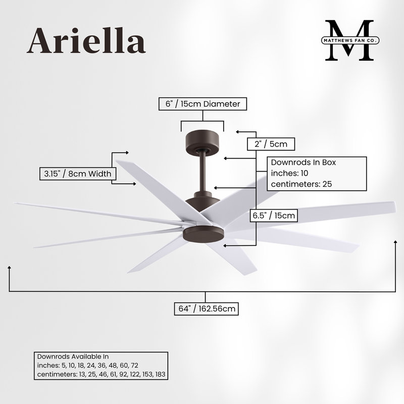 Ariella - Eight Blade Ceiling Fan - Brushed Brass Finish - Matte Black Blades, Textured Bronze, Matte White