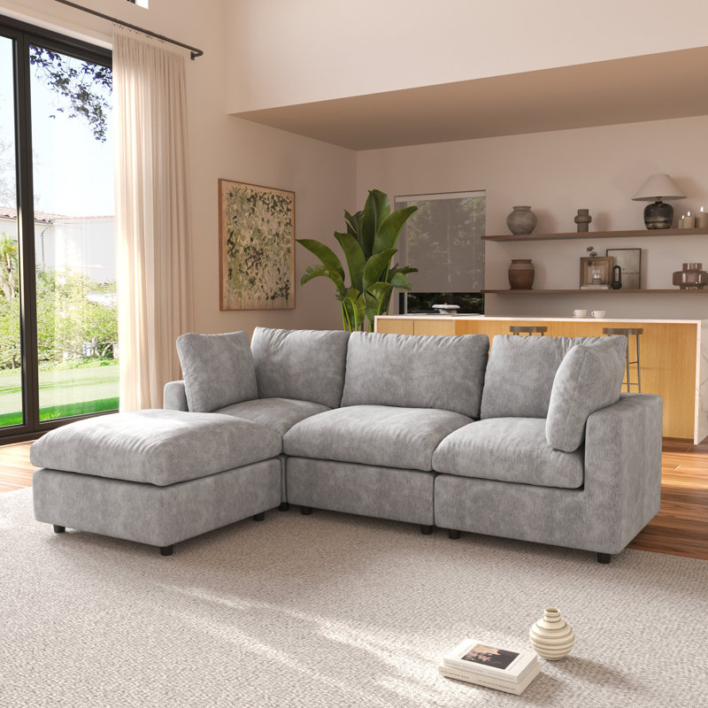 Kessi 4-Piece Slipcovered Sectional, Light Grey Chenille