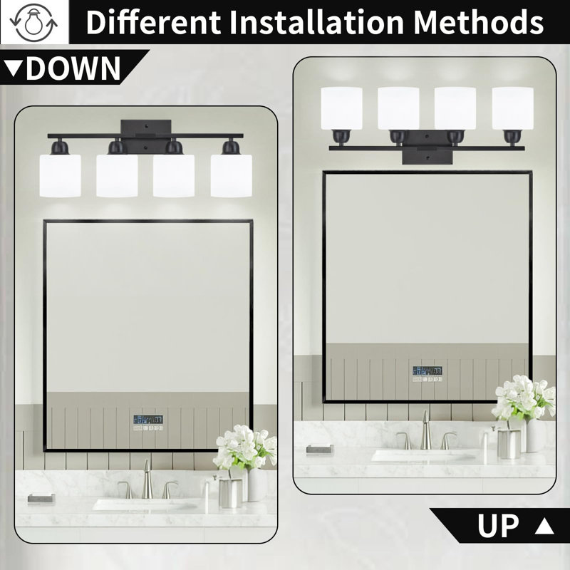 Éclairage pour salle de bain 4 lumières, luminaires de salle de bain avec abat-jour en verre, éclairage pour meuble-lavabo, base E26