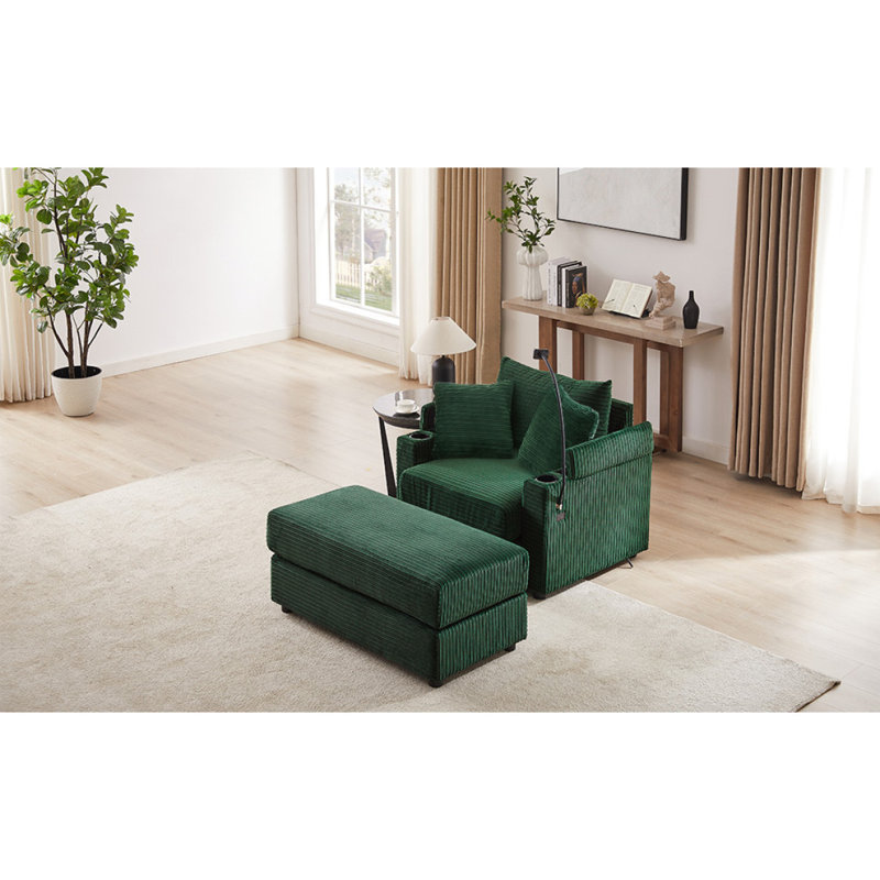 Canapé simple de 41,7 po de style moderne avec espace de rangement, repose-pieds mobile, deux ports USB, deux porte-gobelets et un support pour téléphone dans le salon