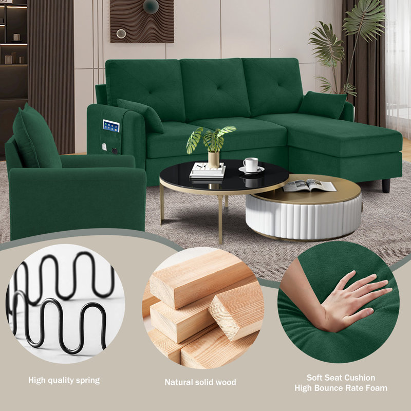 Green Polyester Blend 3-Piece Convertible Sectional Sofa Set