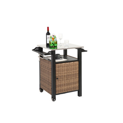 Single Door Rolling Wicker Bar Cart With Stainless Steel Top And Storage