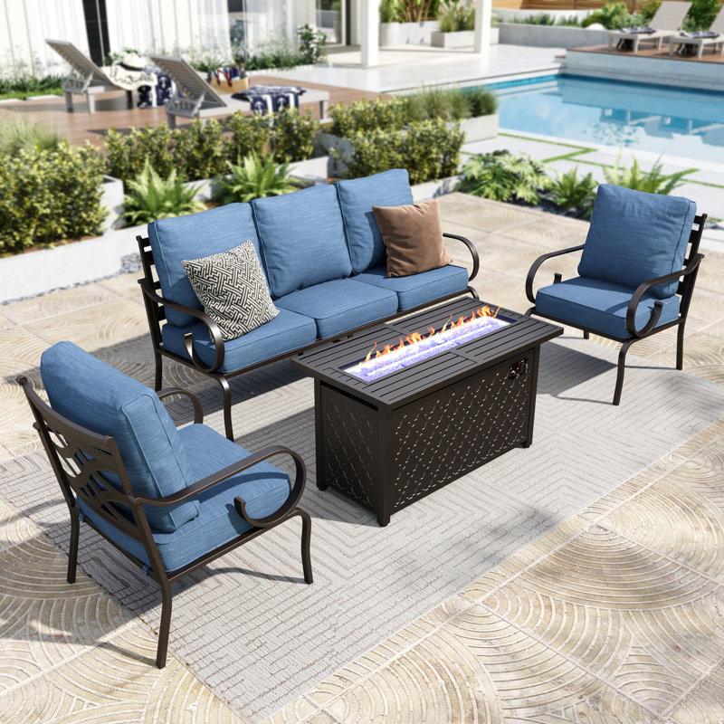 5-Person Metal Patio Conversation Set With Fire Pit Table, 4 Pcs: Firepit Table, Sofa, 2 Arm Chairs, Red, Yes